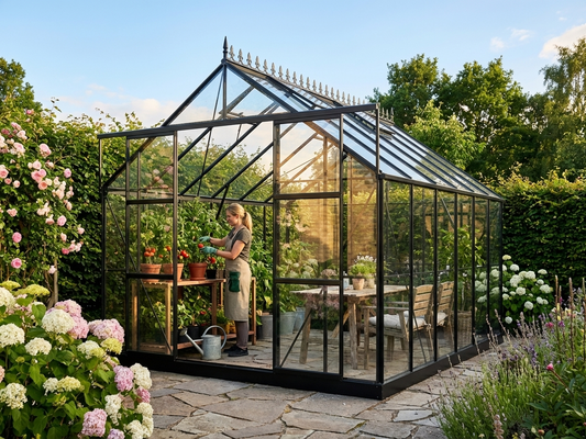 Black greenhouse with glass panels and aluminium frame - product detail