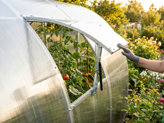 Greenhouse ventilation window with automatic opener in silver - product detail