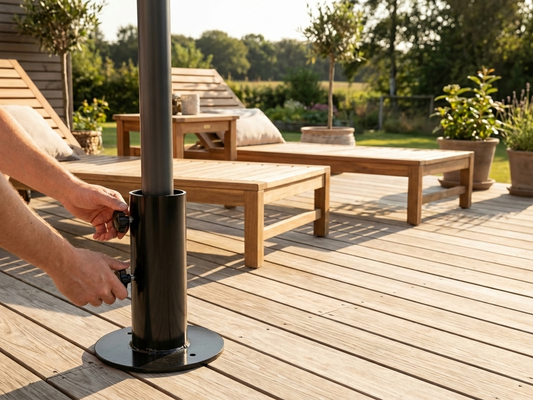 Black powder coated steel parasol base for terrace use - product detail