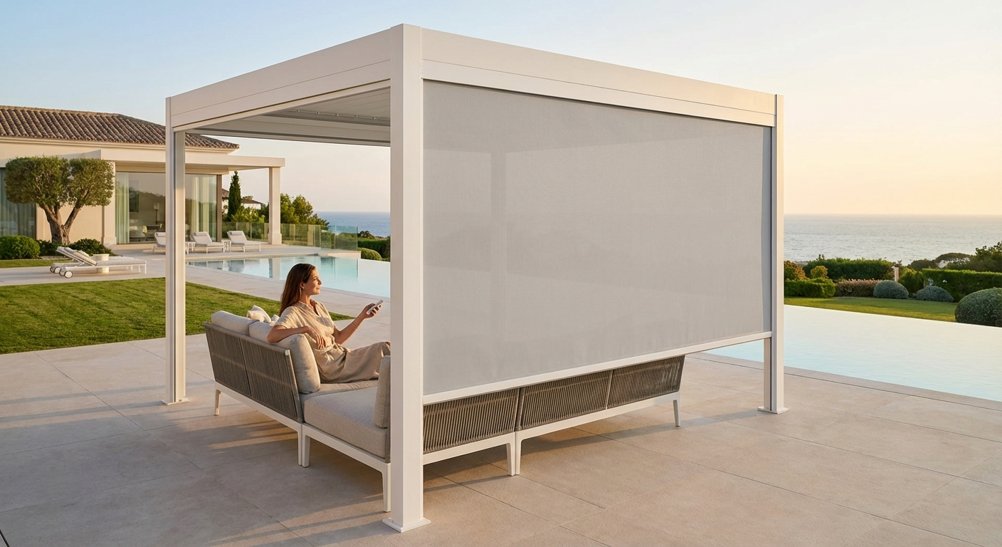 Electric sidewall screen in white/light grey for pergola gazebo - view 3