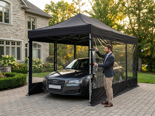 Folding garage carcover in black with steel frame for outdoor protection - product detail