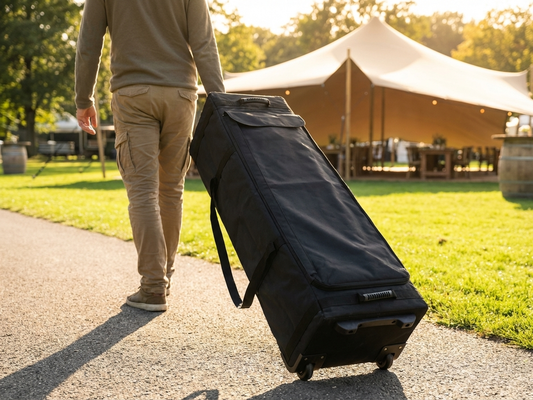 Black carry bag with wheels, made from 600D Polyester, ideal for event transport - product detail