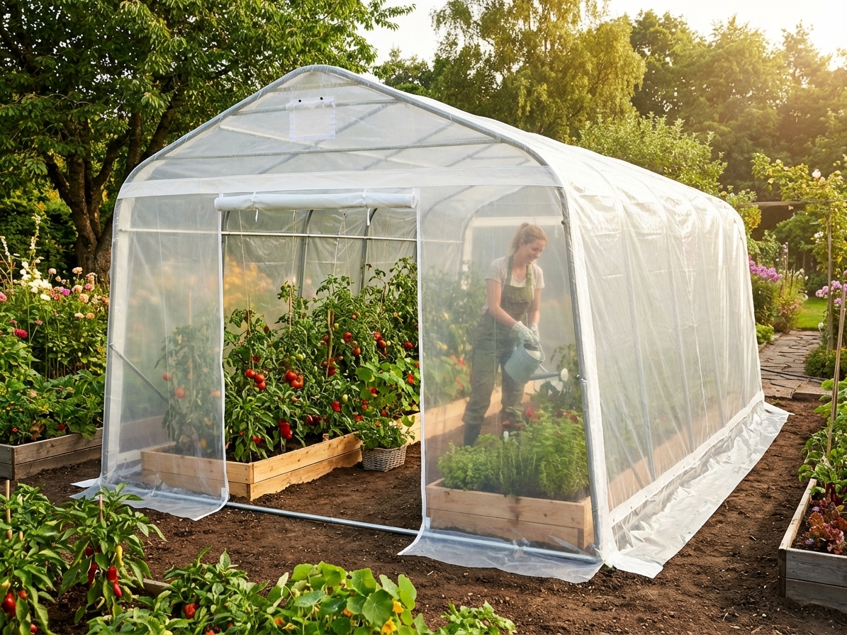 Transparent polytunnel greenhouse with galvanised steel frame - view 3