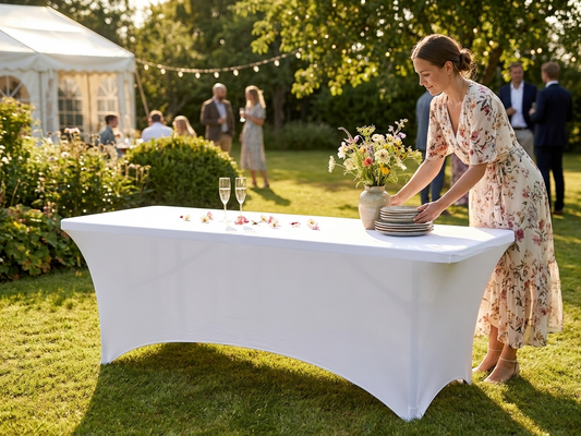 White stretch table cover for event decor - product detail