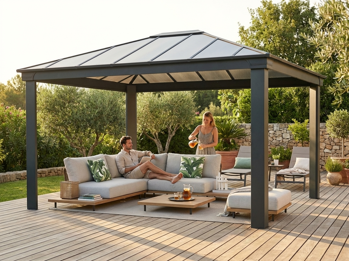 Anthracite gazebo with polycarbonate roof for outdoor use - view 3