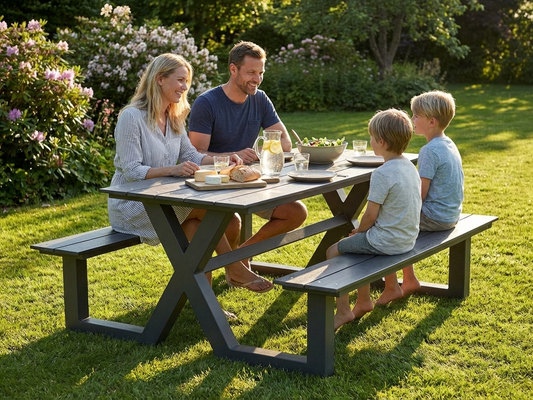 Nonwood picnic table in black with aluminium frame for outdoor use - product detail
