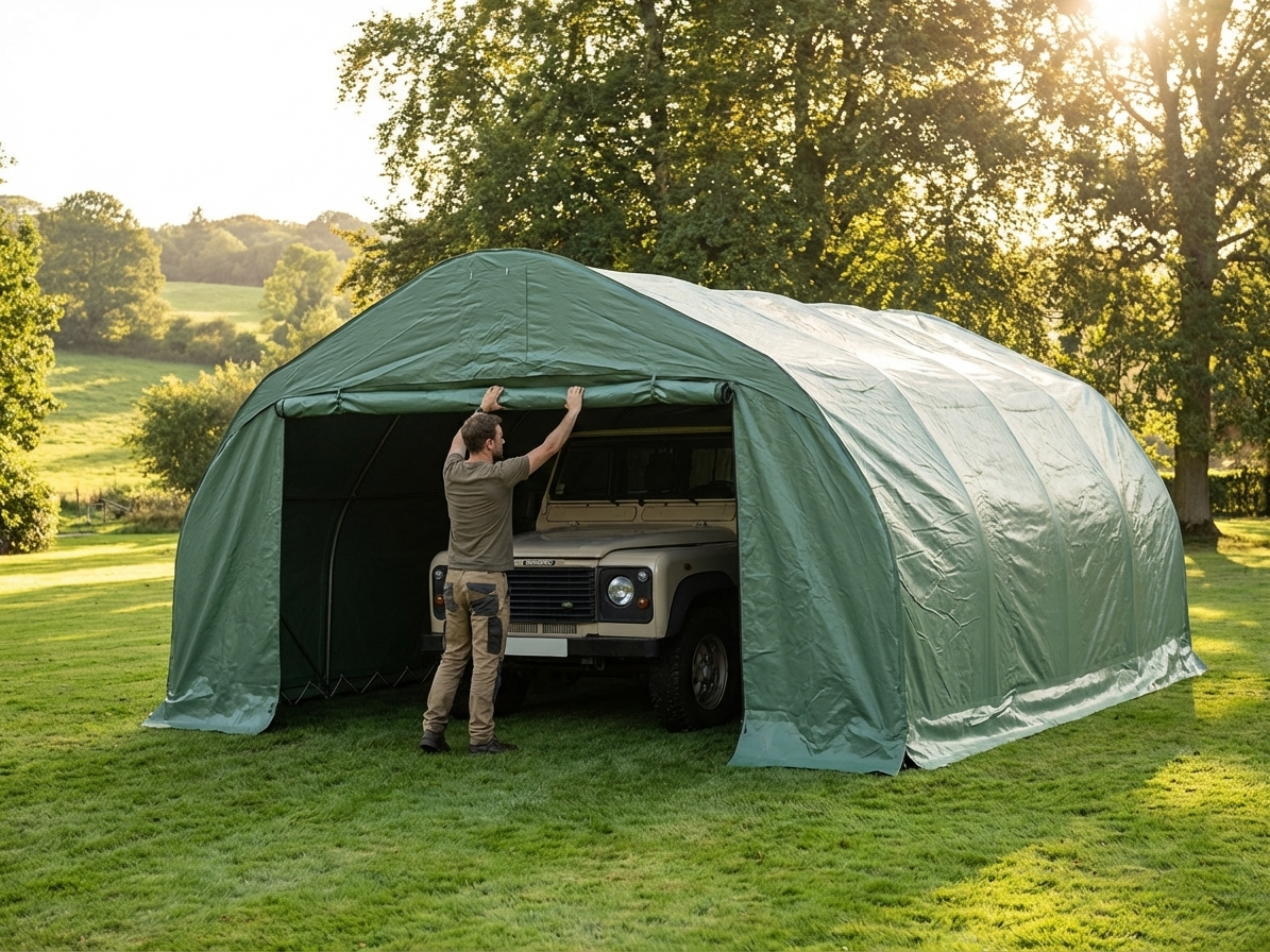 Portable double garage in green PVC with galvanised steel frame - view 3