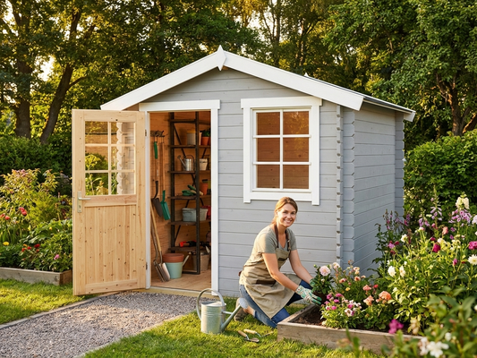 Light grey wooden shed made from Nordic Spruce for outdoor storage - product detail