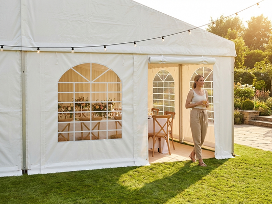 White PVC endwall with large window and wide door for event shelter - product detail
