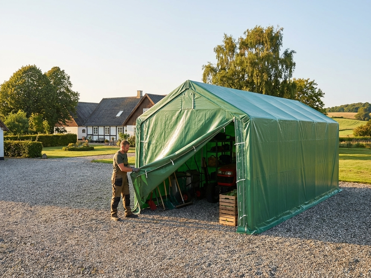 Green PVC and steel storage shelter 4x10x3.5 m - view 3