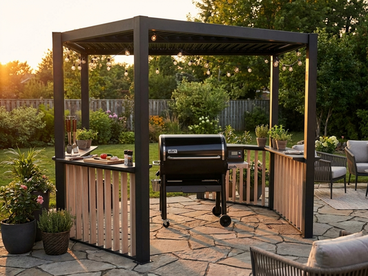 Fence set for BBQ pergola in black and wood finish, made from durable aluminium and plastic - product detail