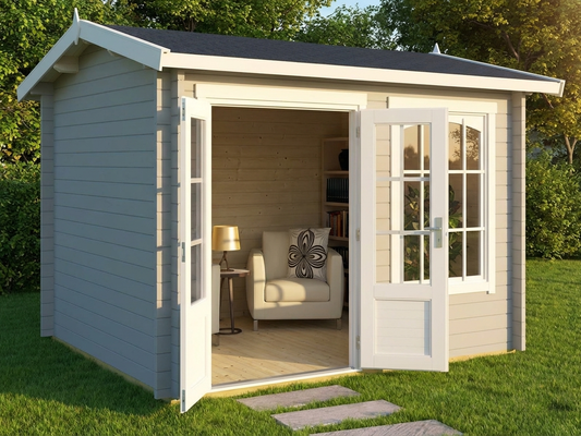 Light grey wooden cabin made from Nordic Spruce, perfect for garden use - product detail