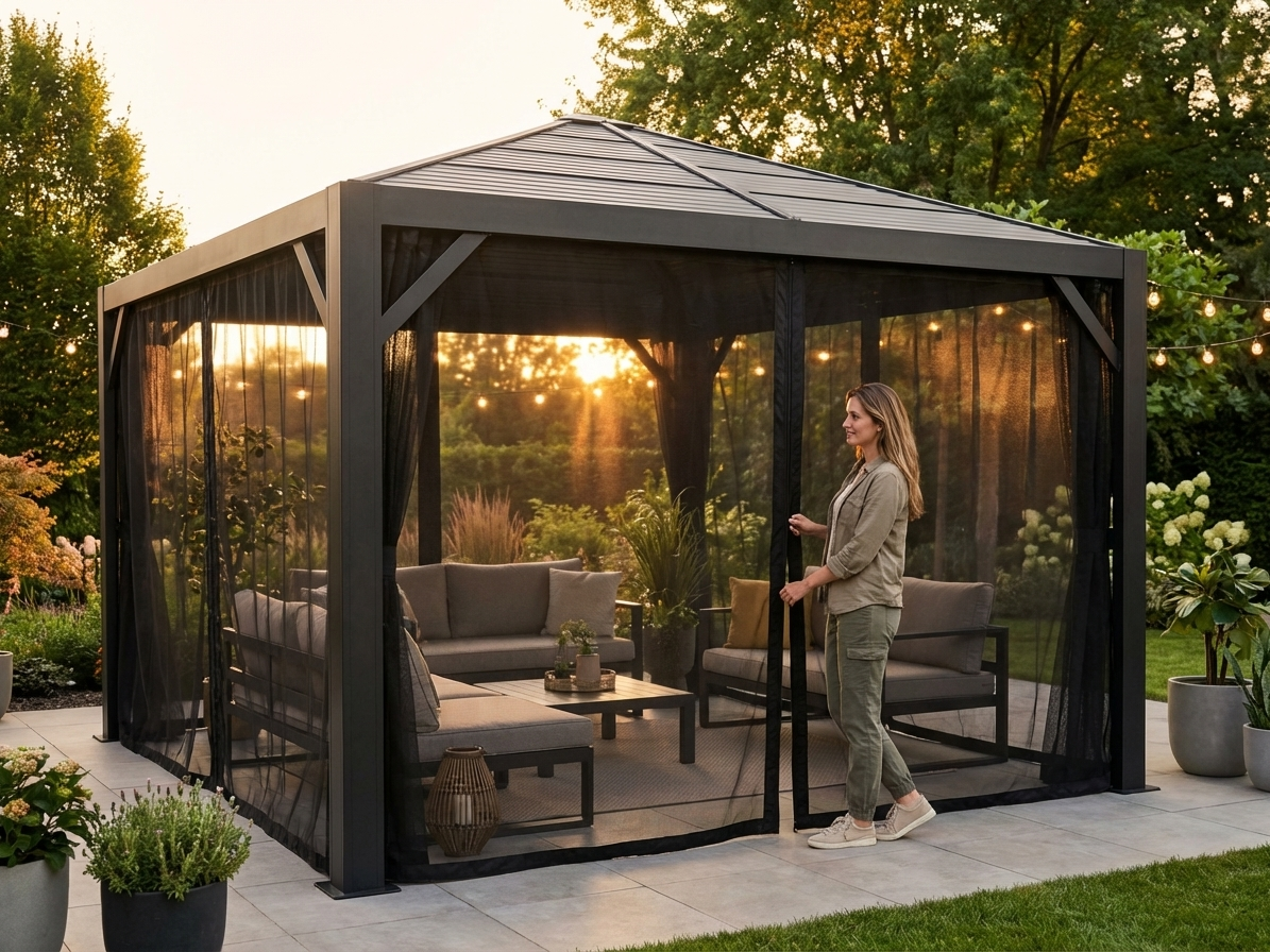 Mesh gazebo curtain in 4x4m size in black for outdoor use