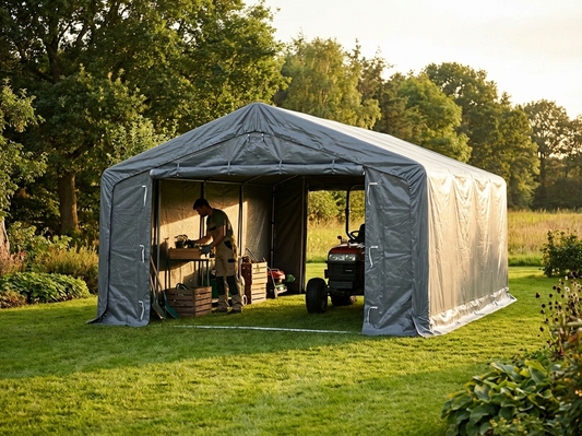 Grey PVC storage shelter with galvanised steel frame - product detail