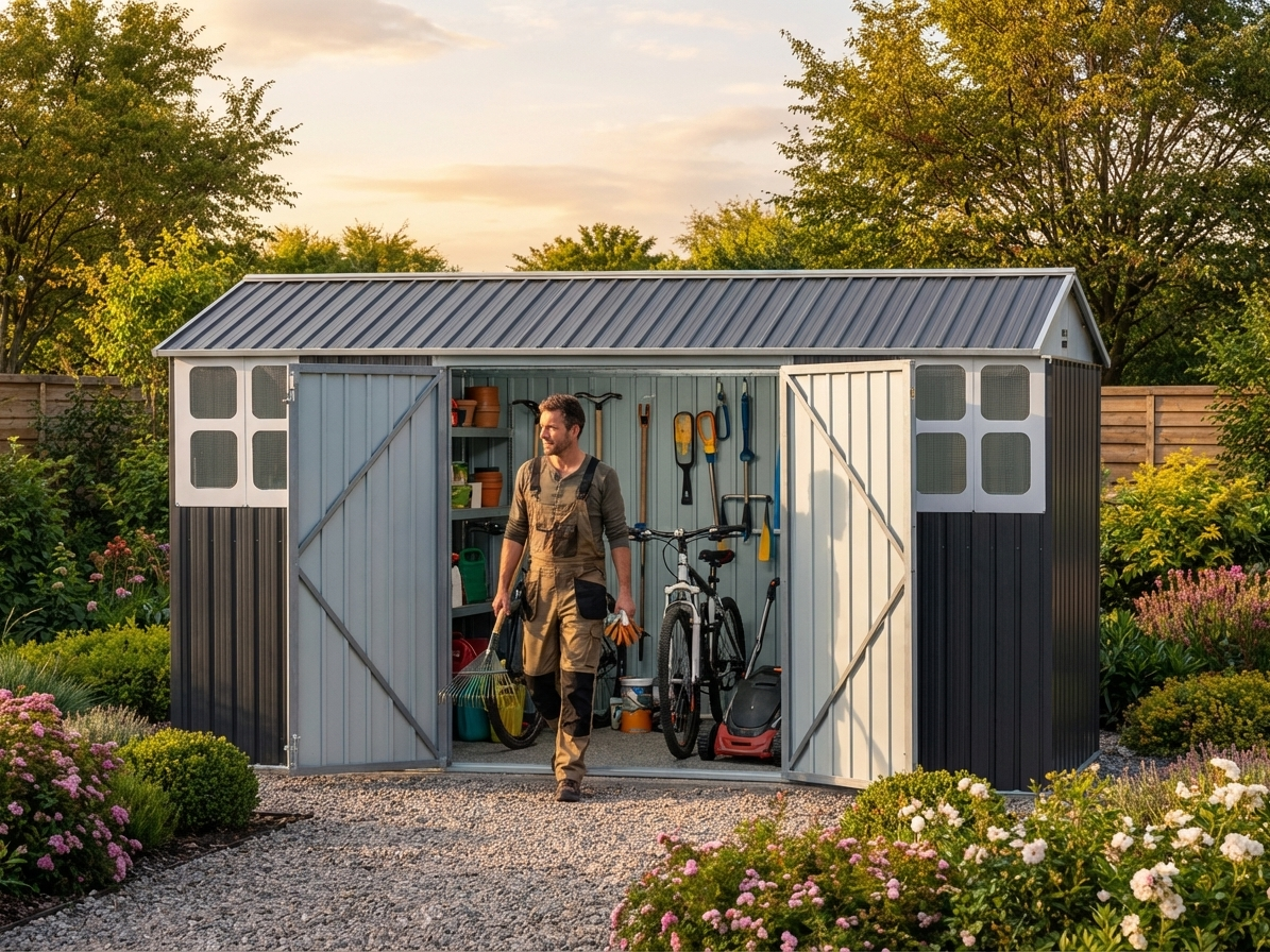 Garden shed in galvanised steel with double doors for outdoor storage - view 3