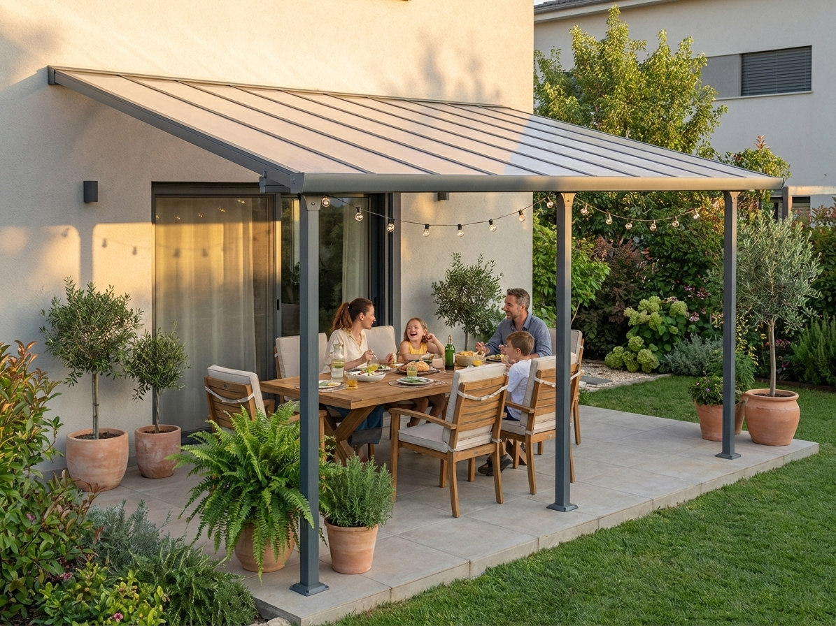 Grey patio cover with aluminium frame and polycarbonate roof, size 3x4.25 m - view 3