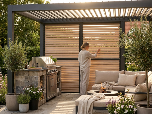 Louvre wall for BBQ pergola in black and wood-look finish - product detail