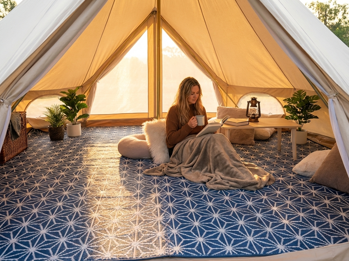 Blue and white bell tent matting for camping - view 3