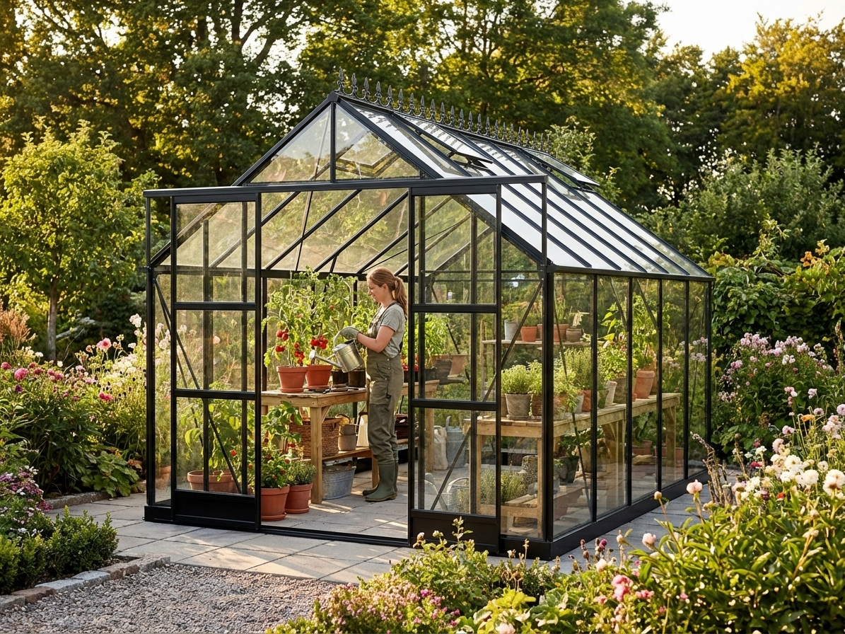 Black greenhouse with glass panels and aluminium frame - view 3