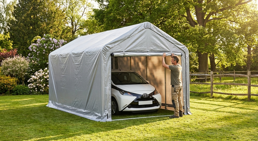 Portable grey garage made from PE tarpaulin and steel, perfect for outdoor storage - product detail