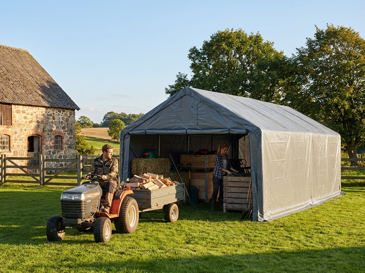 Grey storage shelter 4x8 m with PE tarpaulin and steel frame - view 3