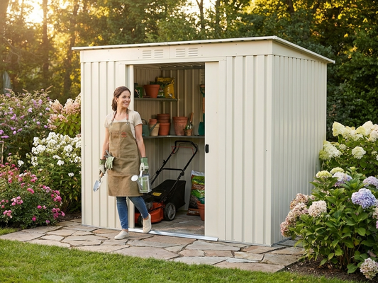Cream garden shed made from galvanised steel for outdoor storage - product detail