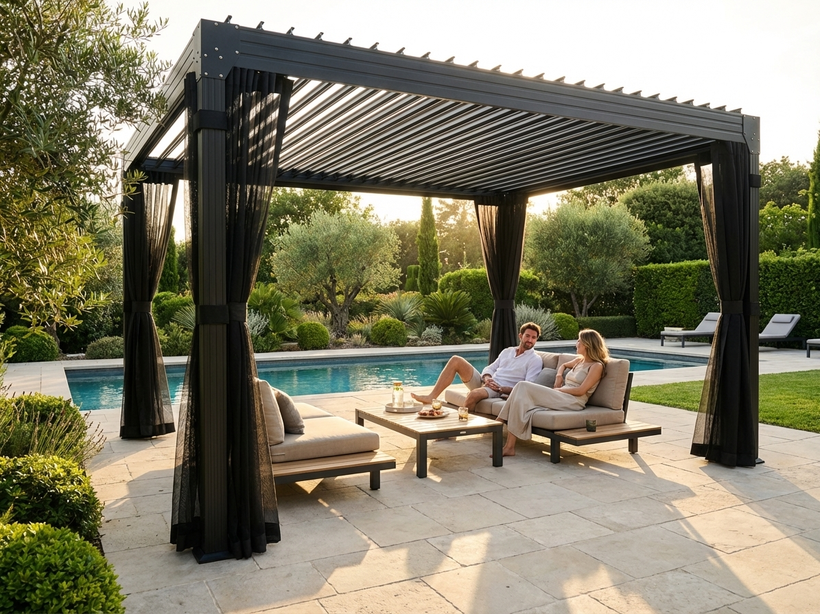 Bioclimatic pergola gazebo in black, 4x4m, with curtains and mosquito net - view 3