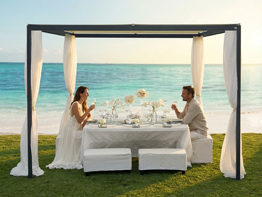 Pergola gazebo with beige PVC roof and aluminium frame - product detail