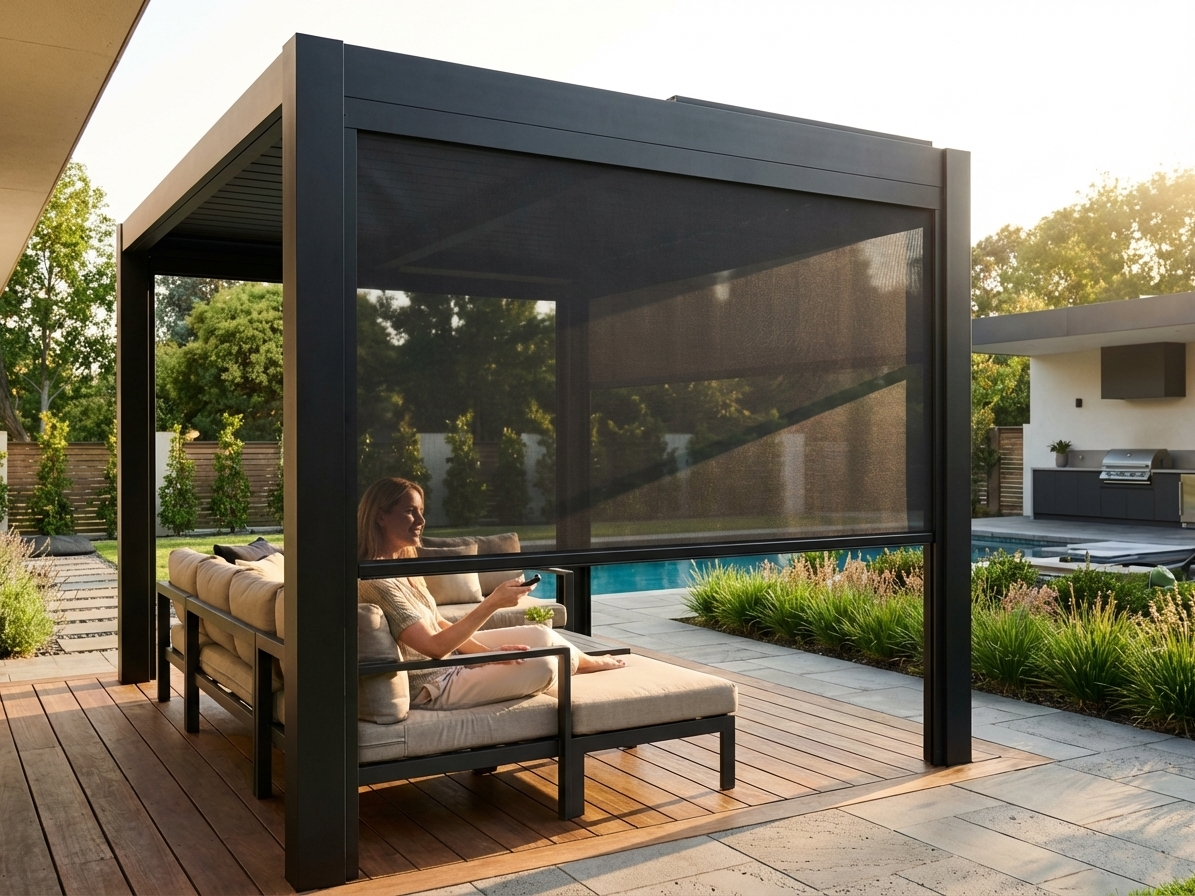 Electric sidewall screen for pergolas in black with aluminium frame - view 3