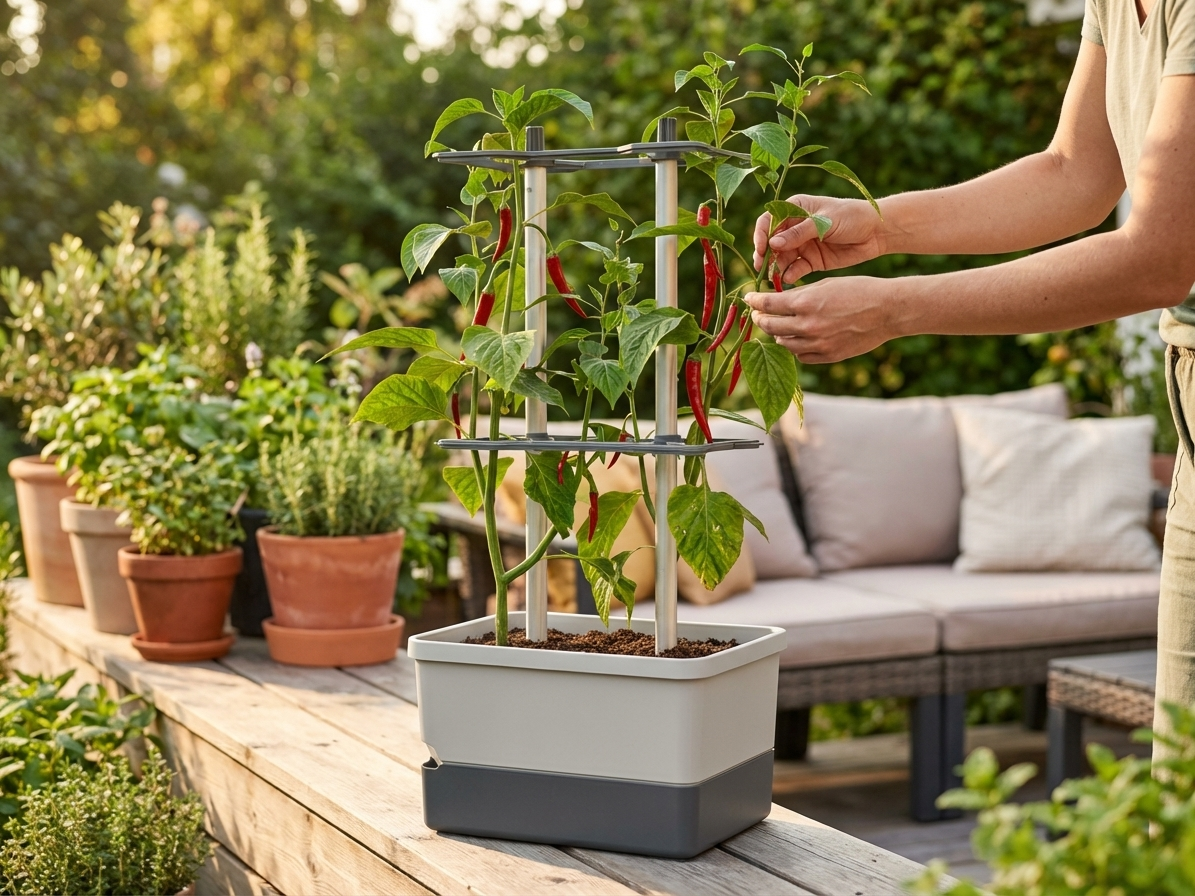 Light grey planter with stake and water tank - view 3