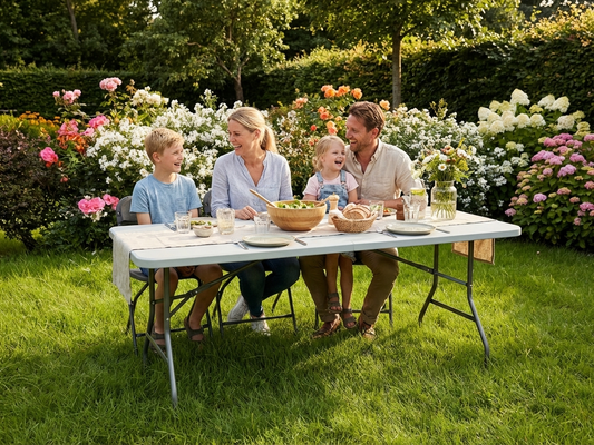 Light grey banquet table with steel frame for indoor and outdoor events - product detail