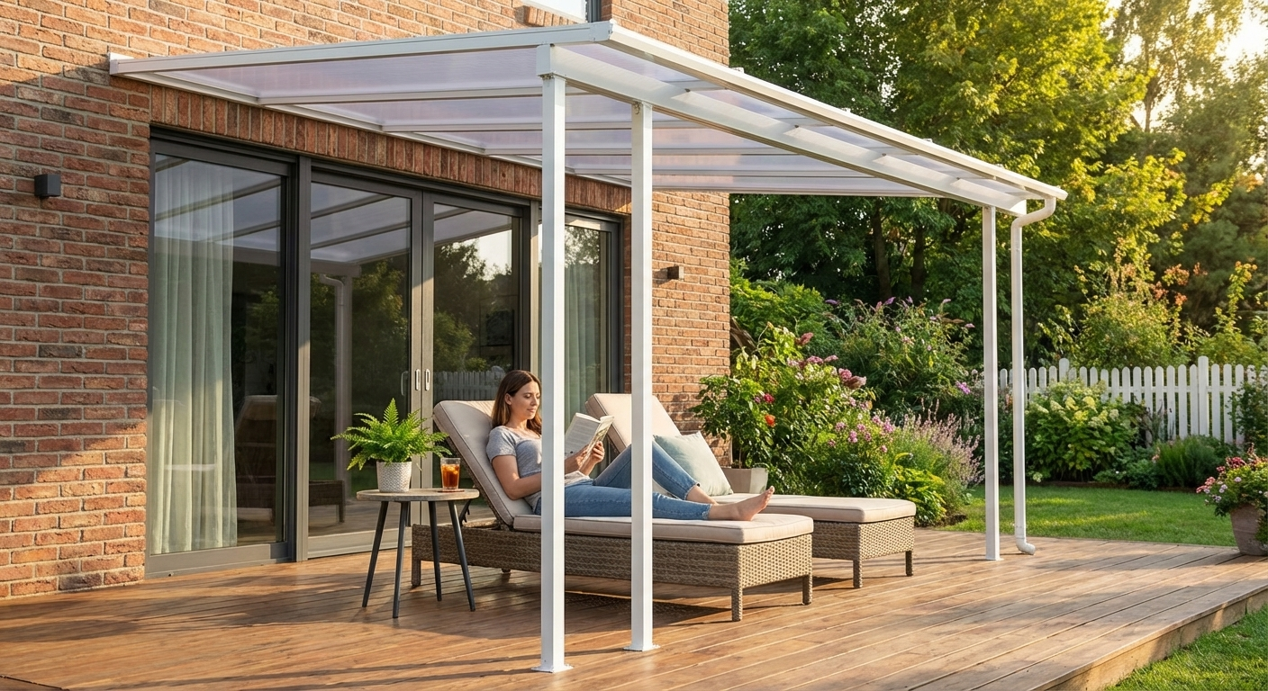 White aluminium and polycarbonate patio cover for outdoor use - view 3