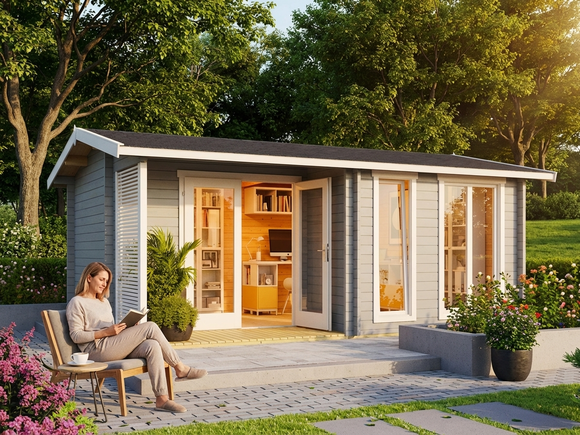 Wooden garden cabin in light grey made from Nordic Spruce - view 3