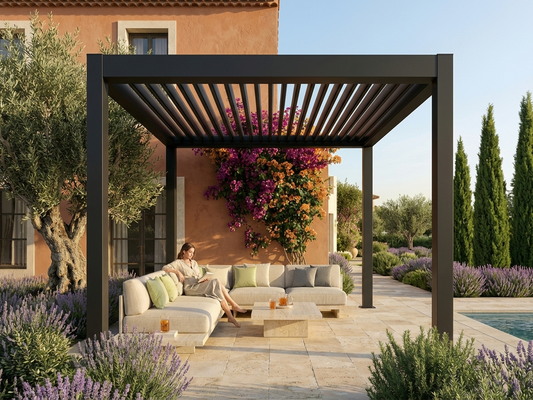 Bioclimatic pergola gazebo in black, 3x3 meters, galvanised steel - product detail