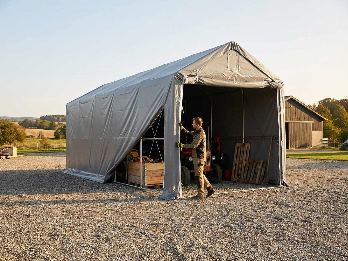 Grey PVC storage shelter with steel frame for industrial use - view 3