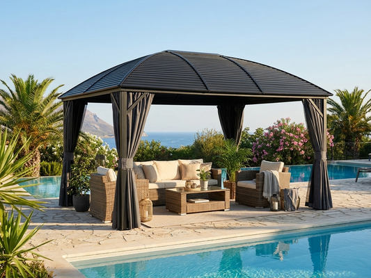Black aluminium gazebo 3x4m with curtains and mosquito net - product detail