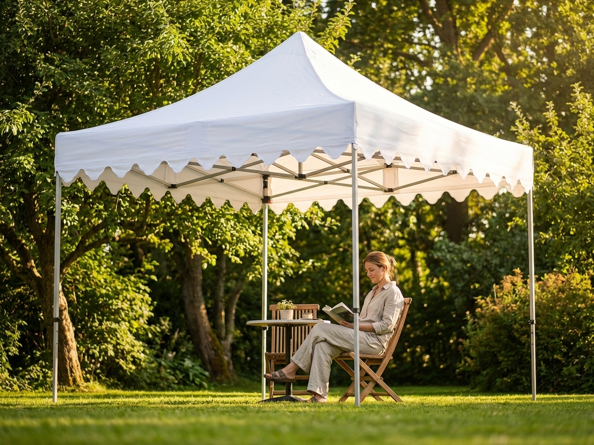 White pop up gazebo with steel frame in a garden setting - view 3
