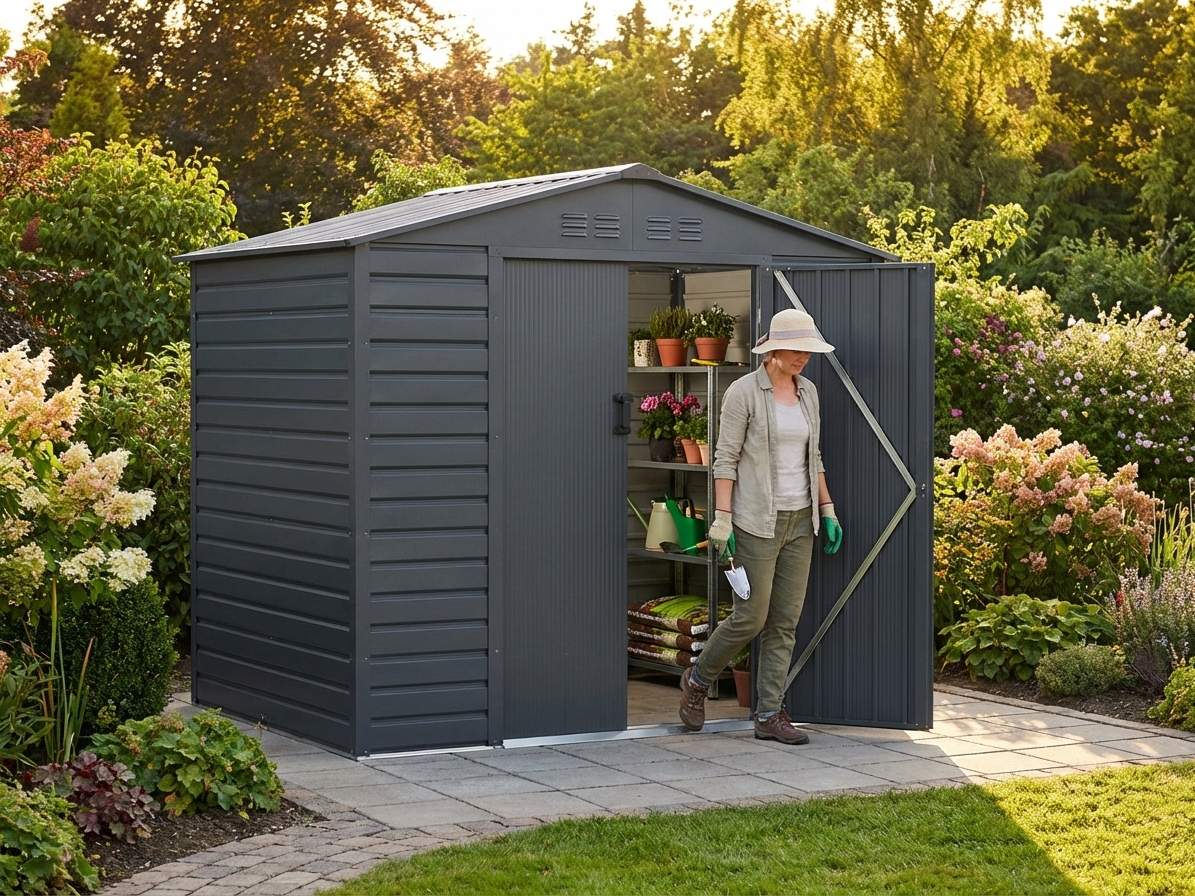 Zinc coated steel garden shed in anthracite, outdoor storage - view 3