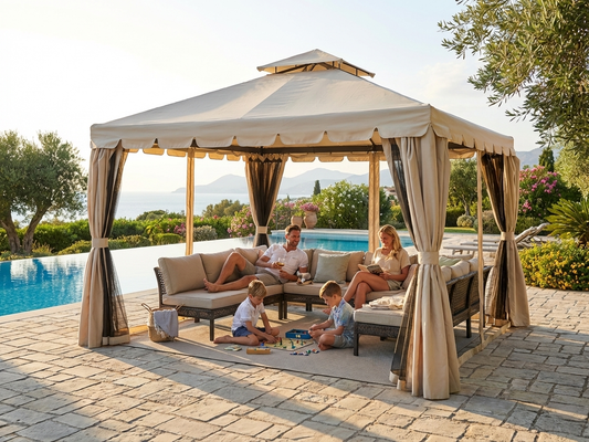 Sand coloured 4x4 m gazebo with steel frame for outdoor events - product detail
