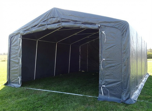 Grey PVC storage shelter with galvanised steel frame