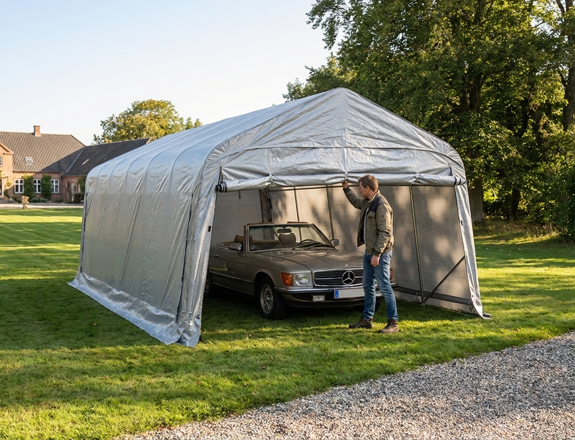 Portable Garage in Grey with Polyethylene and Steel Construction