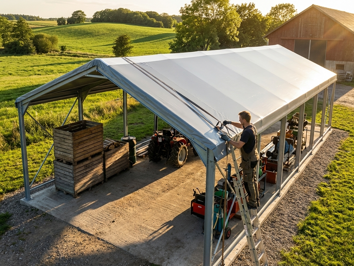 Grey PVC roof cover for storage shelter, fire safety certified - view 3