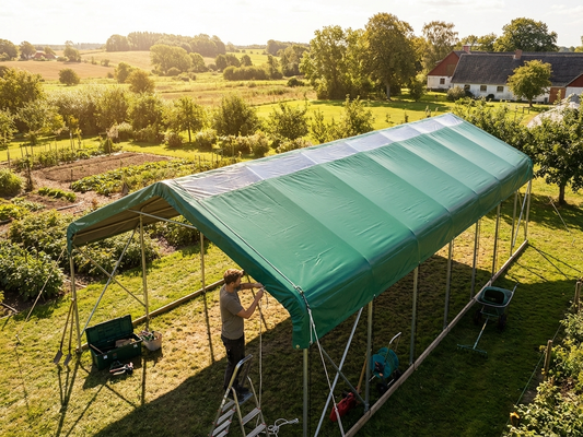 PVC roof cover for storage shelter in 6x18 m green