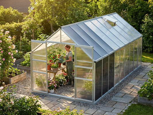 Greenhouse extension with polycarbonate panels and steel frame