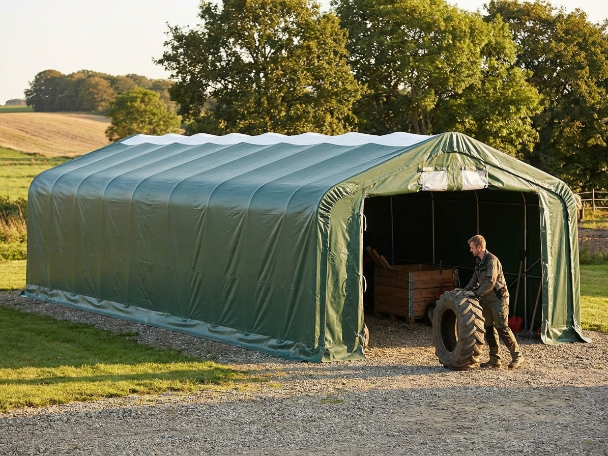 Storage shelter 6x18x3.7 m in green PVC with steel frame for industrial use - view 3