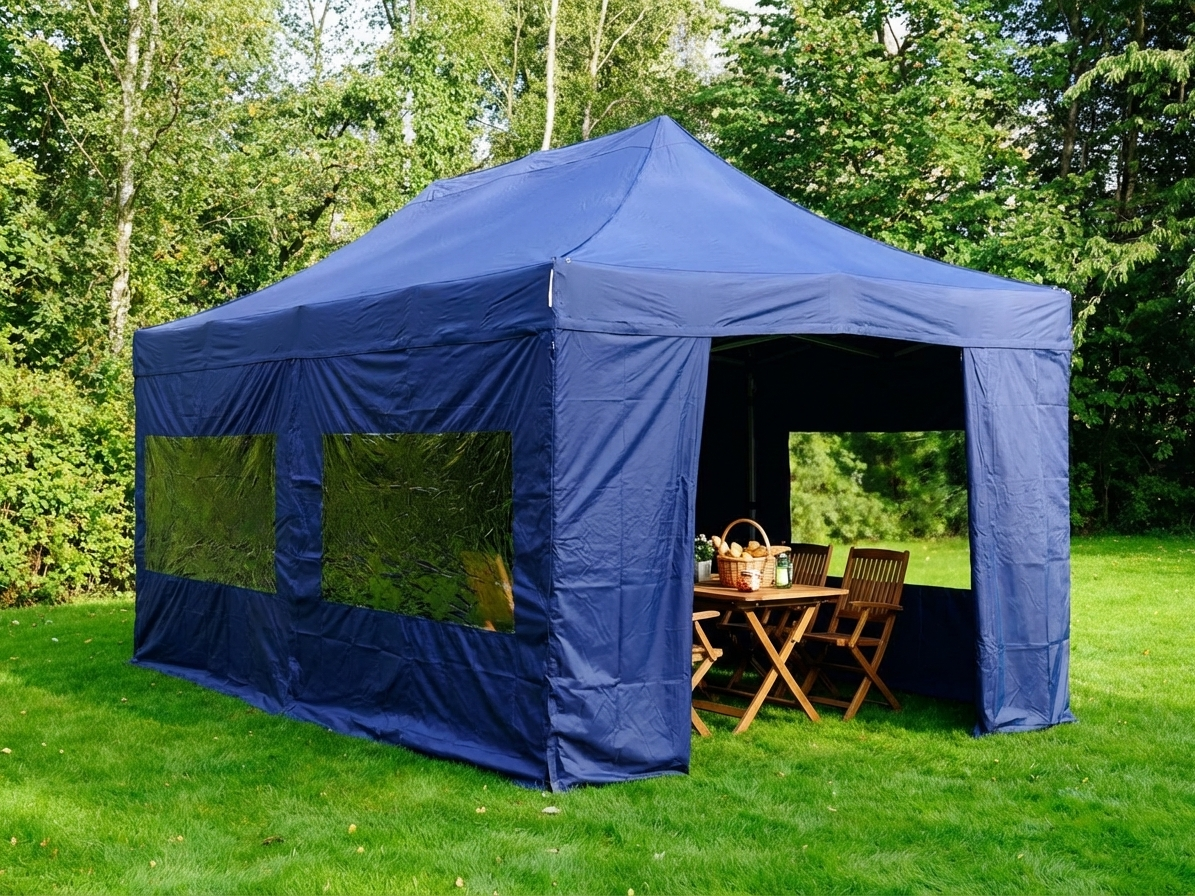 Dark blue pop up gazebo with aluminium frame and sidewalls