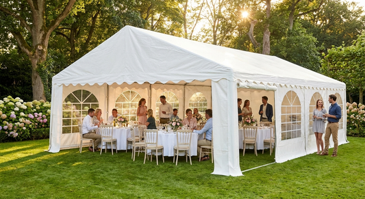 White marquee 5x8 meters with PE tarpaulin and steel frame for outdoor events