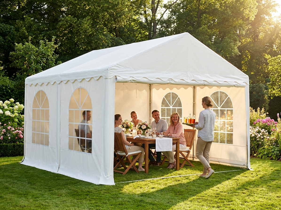 White PVC tent extension with galvanised steel frame for outdoor events - product detail