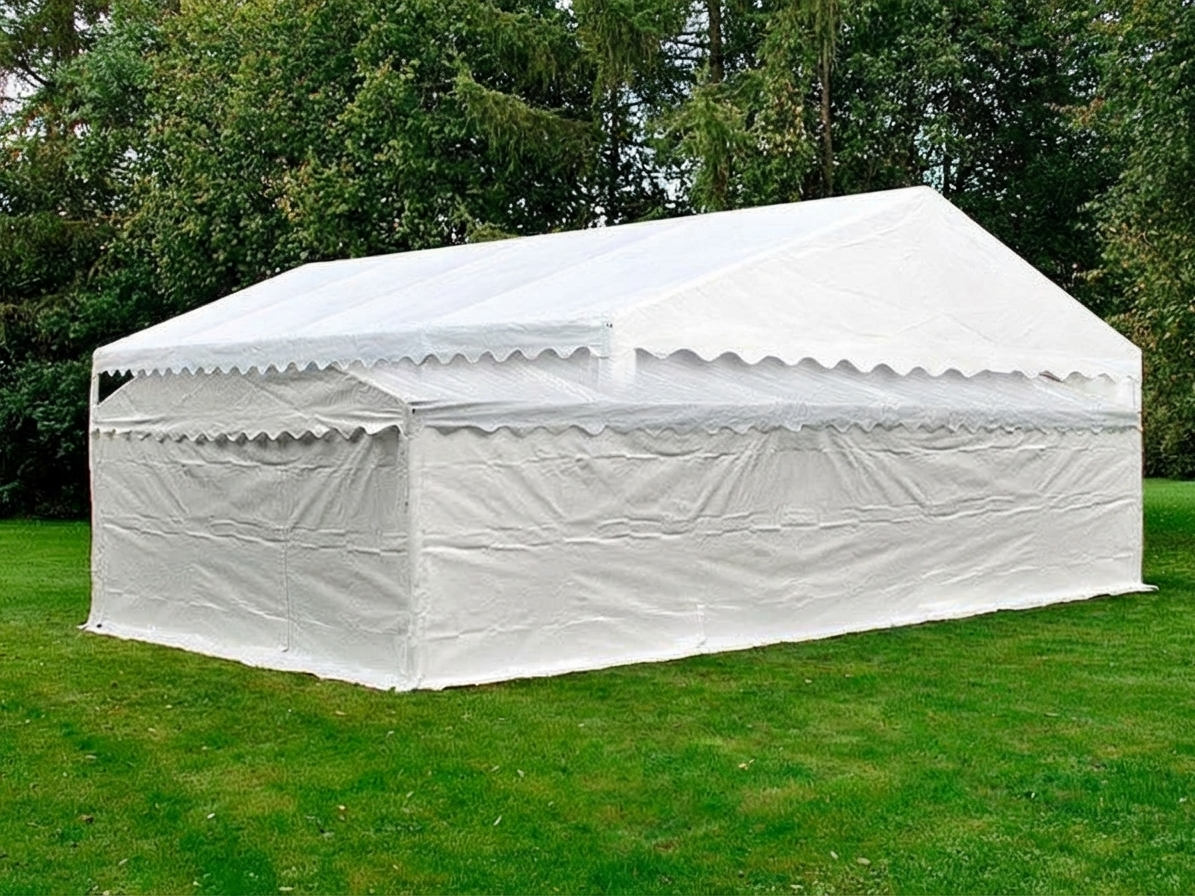 White storage tent 5x8 m with polyethylene and steel frame
