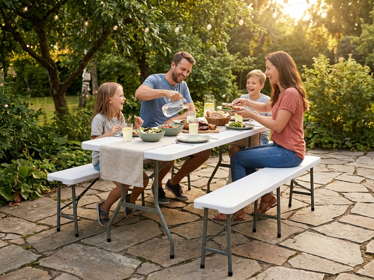 Folding table and bench set in grey and light grey - product detail